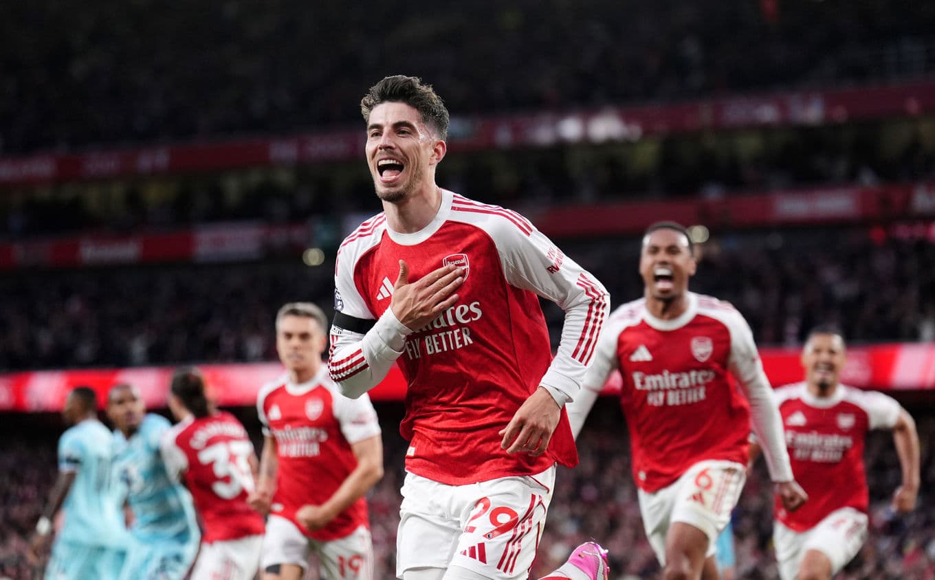 Kai Havertz jublar efter att ha nickat in 1-0. Foto: John Walton  /AP/TT