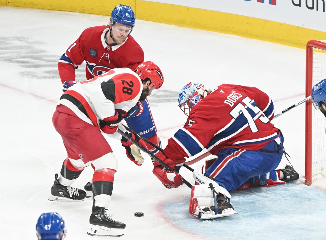Montreals målvakt Jakub Dobes hade mycket att göra i natt. Foto: Graham Hughes/AP/TT