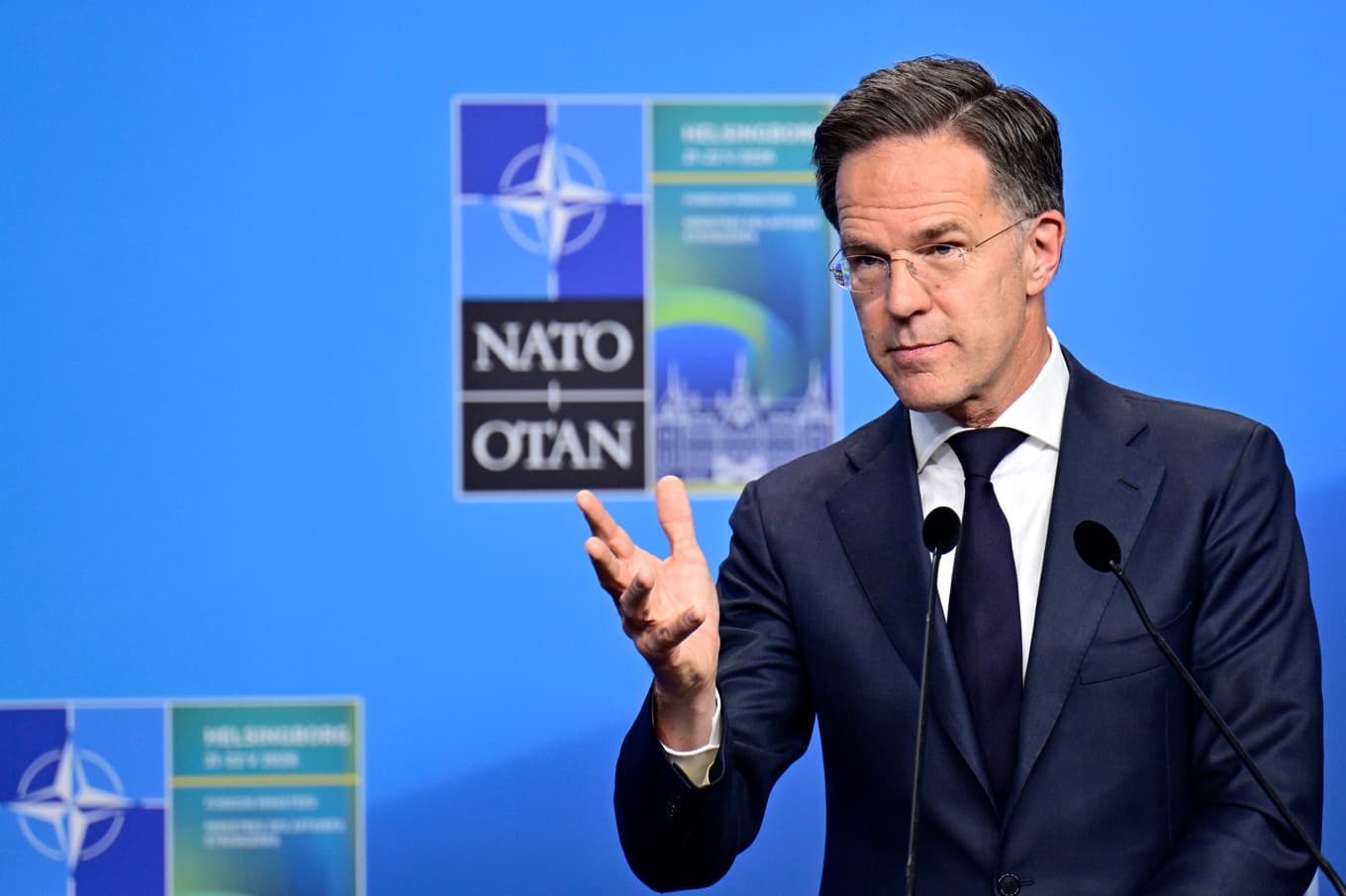 Natos generalsekreterare Mark Rutte på en presskonferens i Helsingborg i maj. Arkivbild. Foto: Johan Nilsson/TT