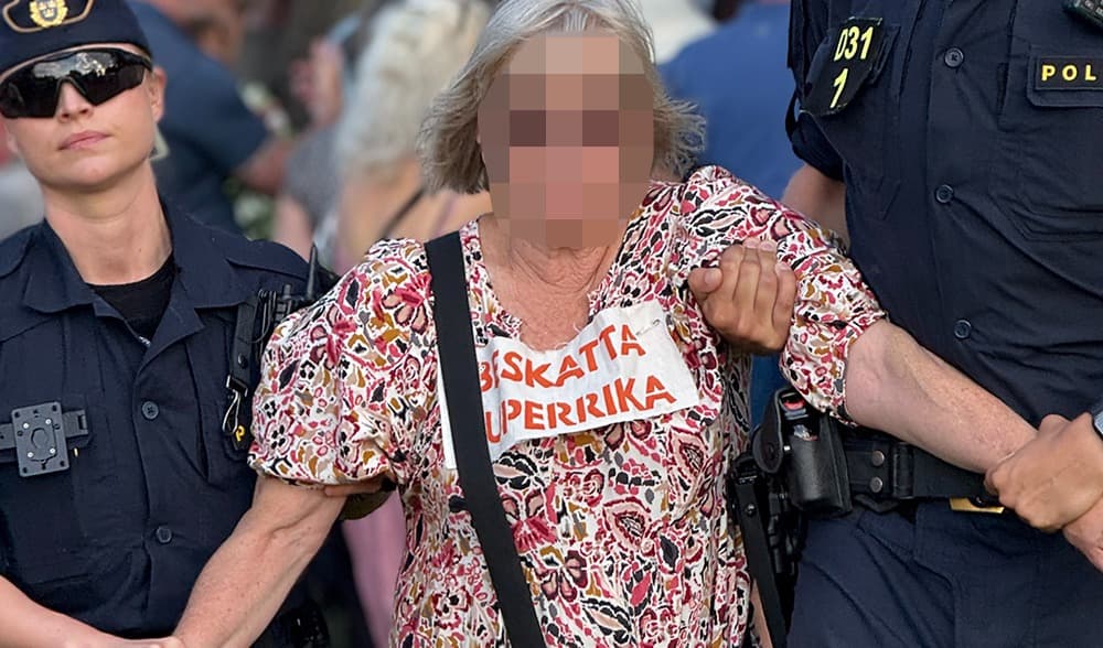 Aktivisterna avcbröt Magdalena Anderssons tal och störde ordningen. Foto: Staffan Erfors