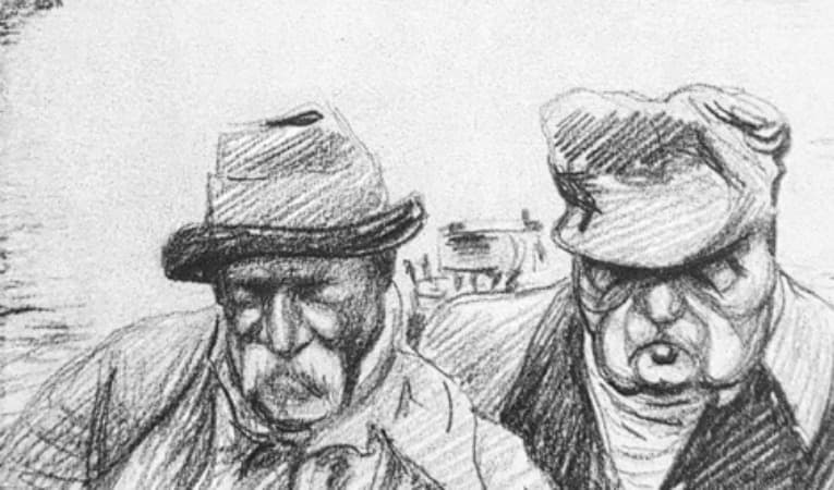 En annan bland Anders Zorns vänner var Bruno Liljefors, här porträtterad tillsammans med Zorn i en teckning av Albert Engström. foto: Wikimedia Commons