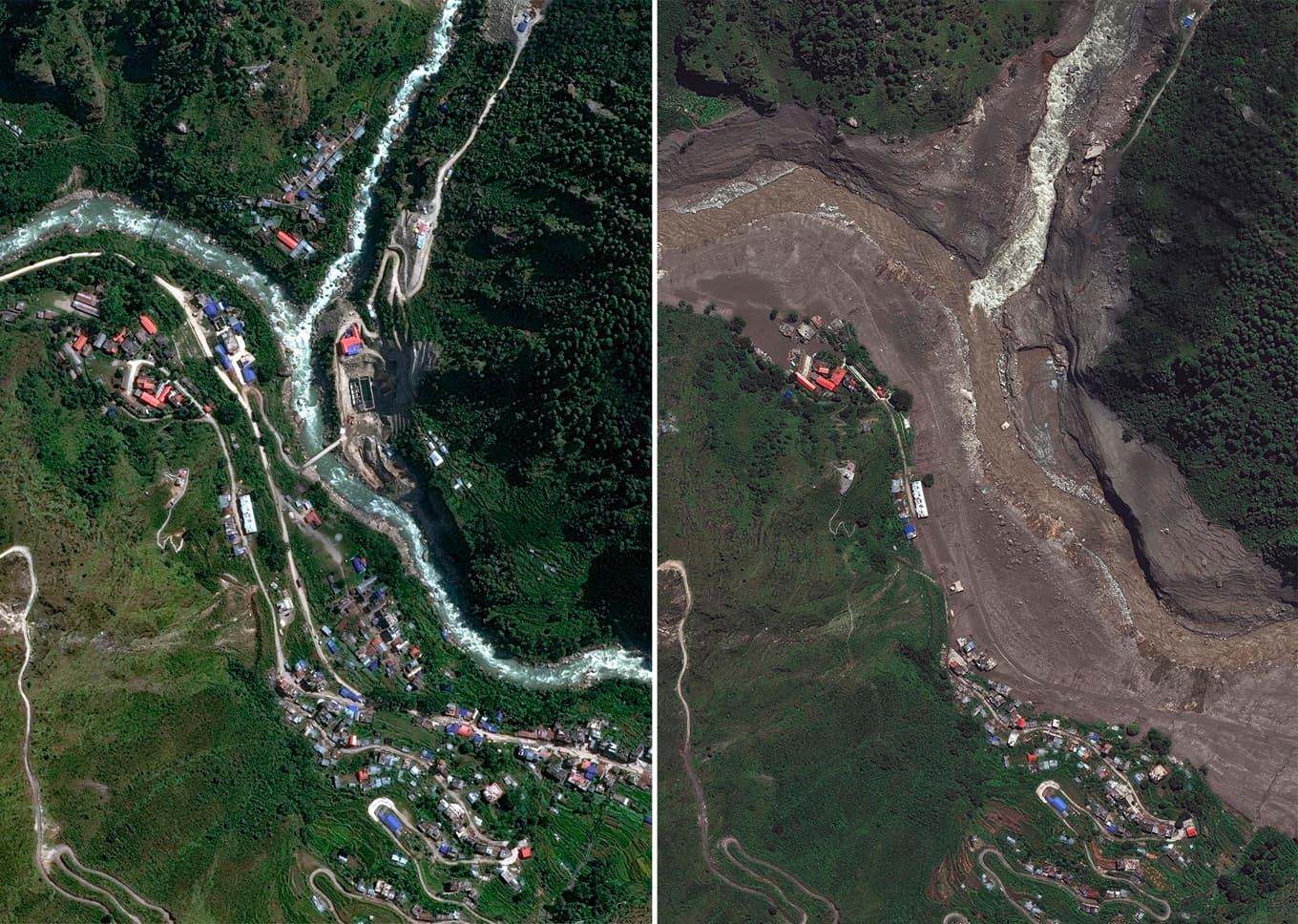 Två satellitbilder över samma område visar förstörelsen i Syapru Besi i Nepal. Den vänstra är tagen 2023, den högra efter skredet. Foto: Vantor/AP/TT