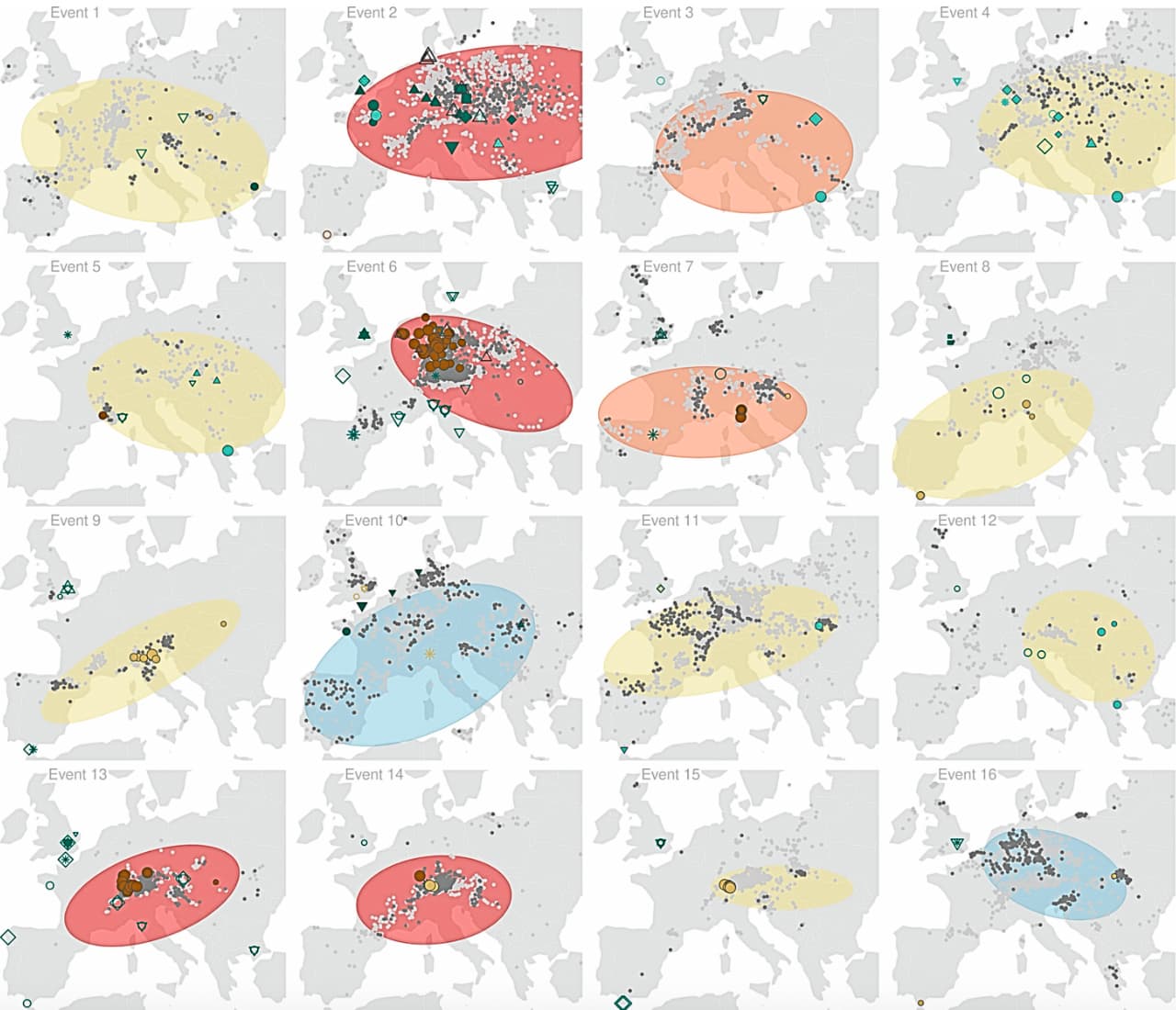 Ny forskning visar att hela 16 översvämningar drabbade olika delar av Europa under mindre än två år mellan november 1341 och oktober 1343. Grafik: Nature/”Cascading continental-scale floods across Europe in 1342–1343”