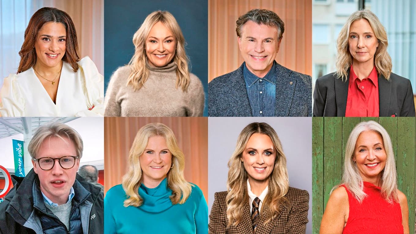 Abadi, Hermundstad, Radomir, Dyring, Brynolfsson, Kvartoft, Frick och Månsson Colt programleder ”Sverige live”. Foto: Eva Edsjö, Janne Danielsson och Christoffer Lomfors/SVT