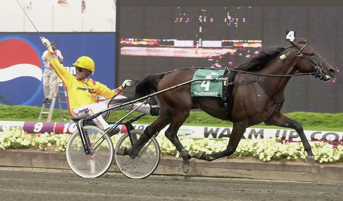 Drömmen blev sann! Stefan Melander och Scarlet Knight är först över mållinjen i Hambletonian år 2001. Foto: Thomas Blomqvist/TR Bild