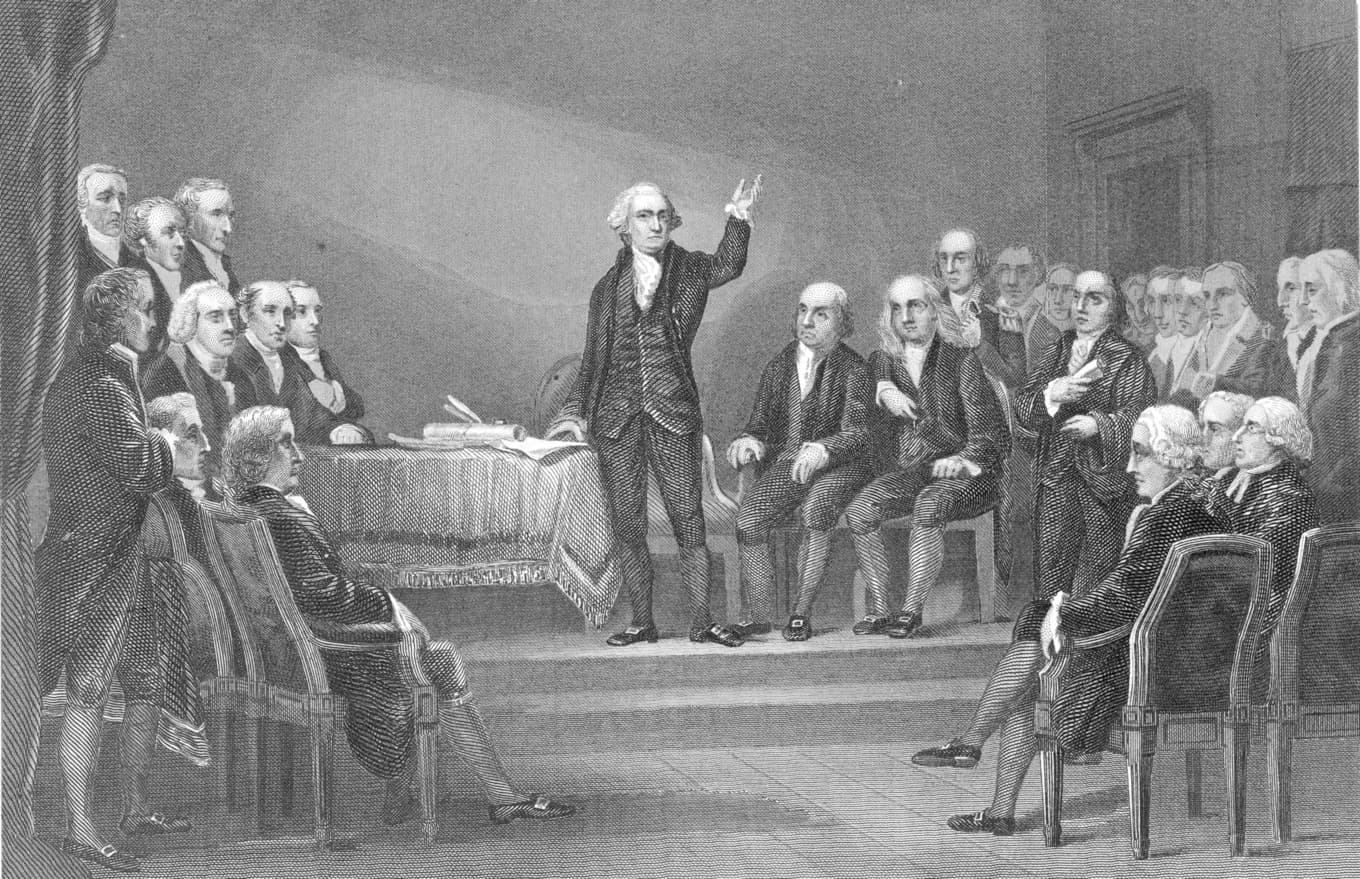 George Washington (1732–1799) presiderar över konstitutionskonventet i Philadelphia, Pennsylvania, 1787. Foto: Hulton Archive/Getty Images