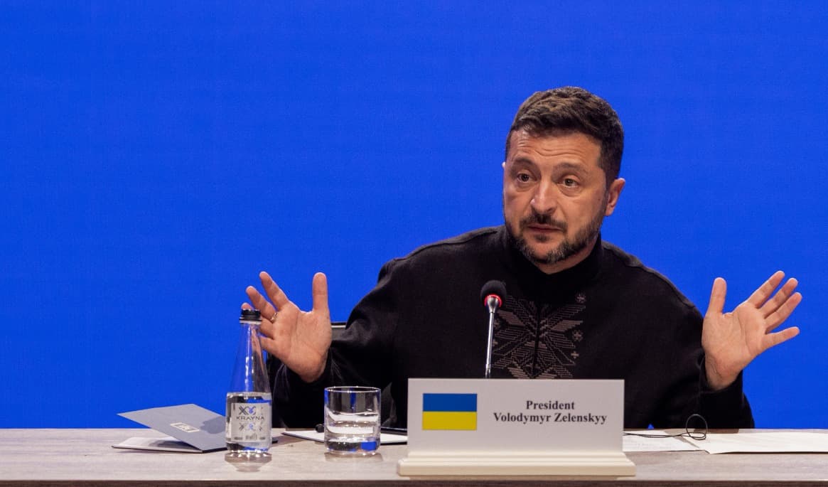 Ukrainas president Volodymyr Zelenskyj i samband med ett möte i Kiev den 24 augusti. Foto: Tetiana Dzhafarova/AFP via Getty Images