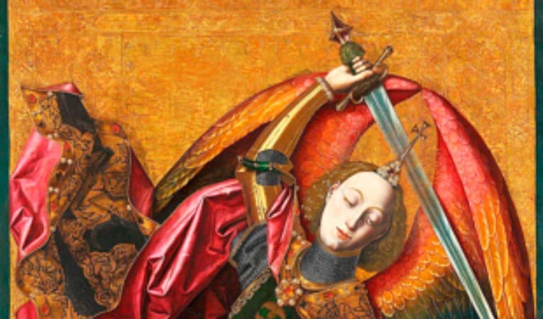 Bartolomé Bermejos målning av striden mellan Mikael och draken. Foto: National Gallery/Wikimedia commons