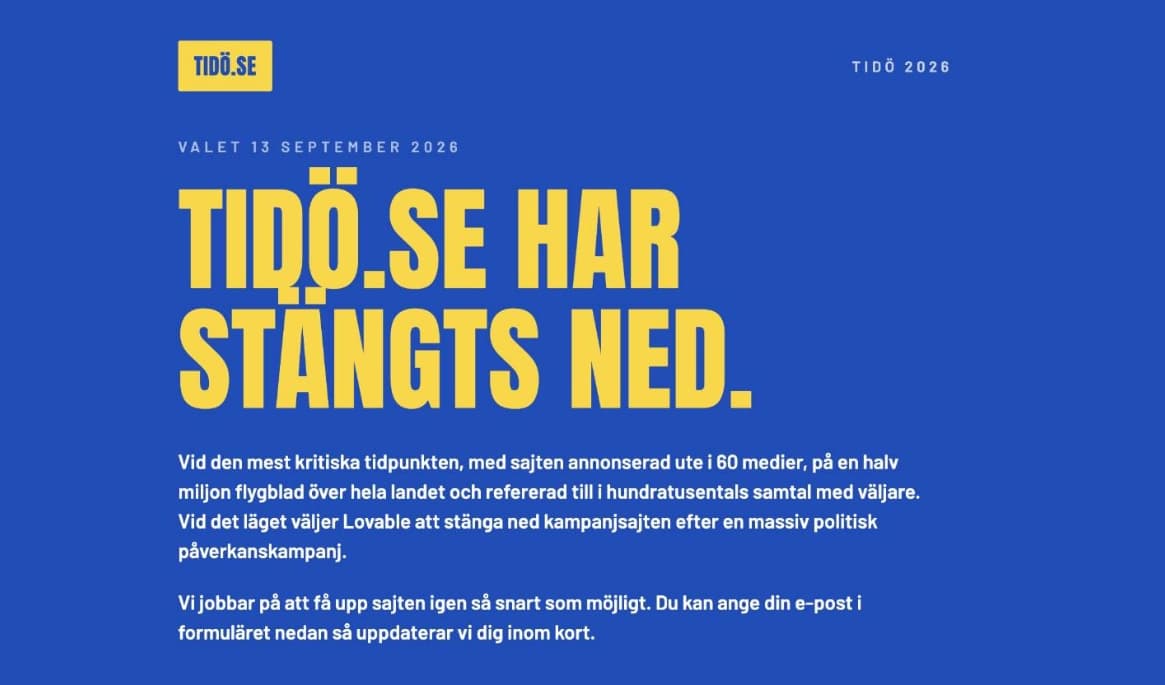 Screenshot från Tidö.se efter nedsänkningen.