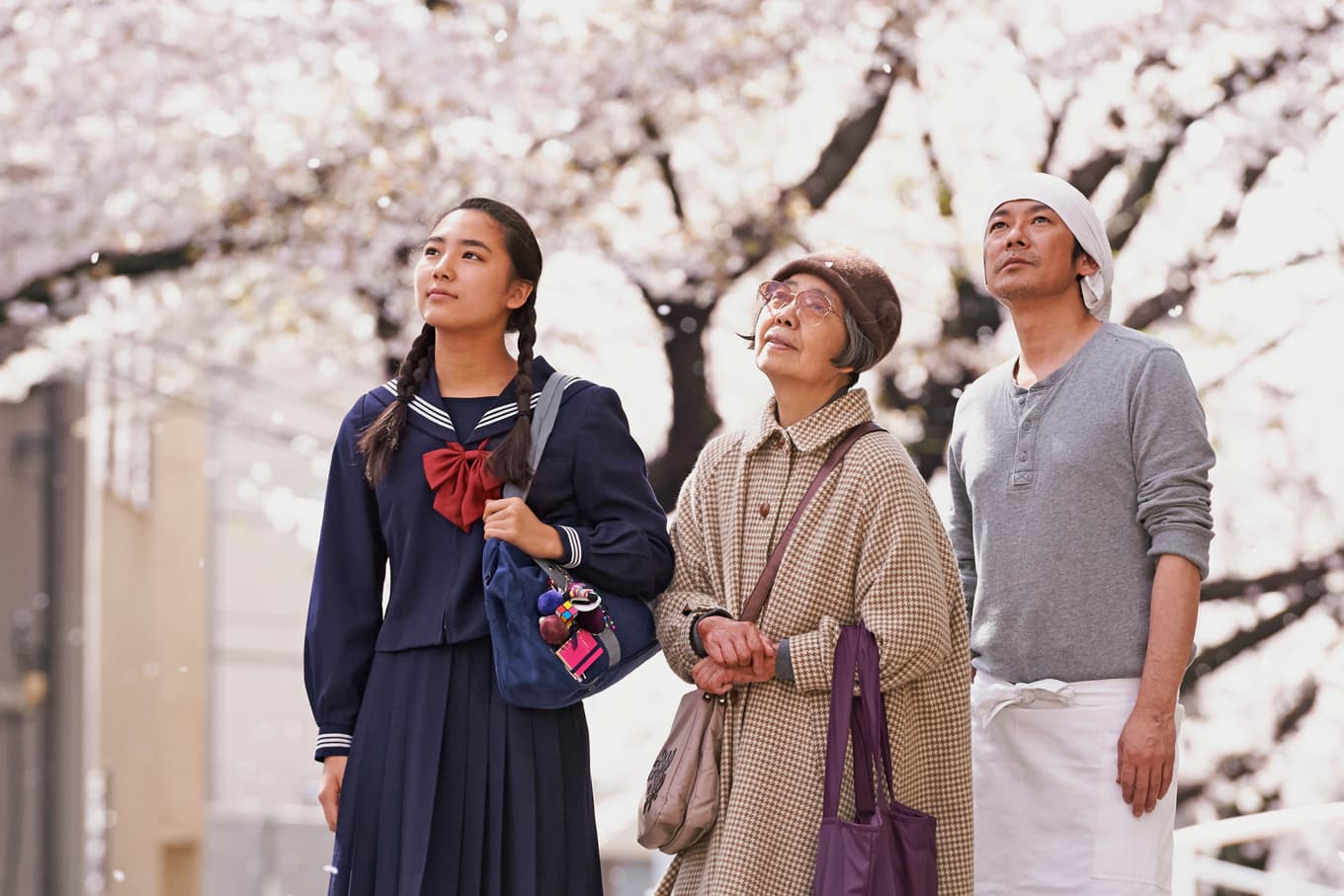 Kyara Uchida, Kirin Kiki och Masatoshi Nagase – andäktiga under de japanska körsbärsträden. foto: Nonstop Entertainment