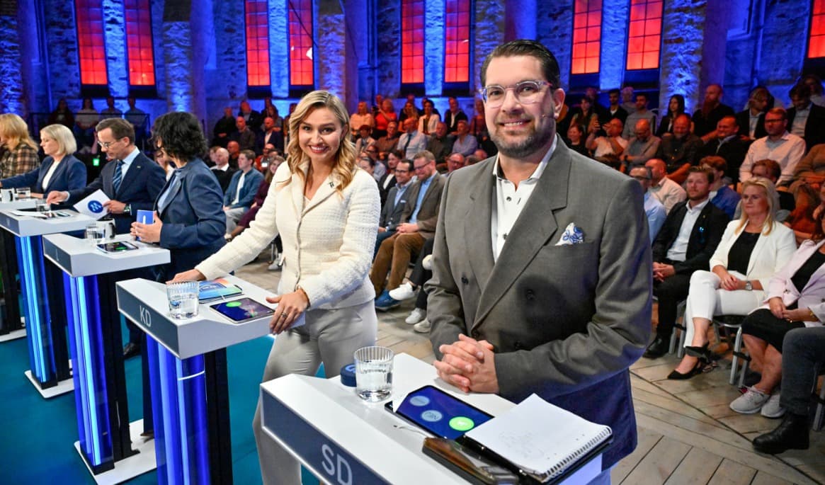 Kristdemokraternas partiledare Ebba Busch (KD) och Sverigedemokraternas Jimmie Åkesson (SD), inför SVT:s slutdebatt i Gävle. Arkivbild. Foto: Anders Wiklund/TT