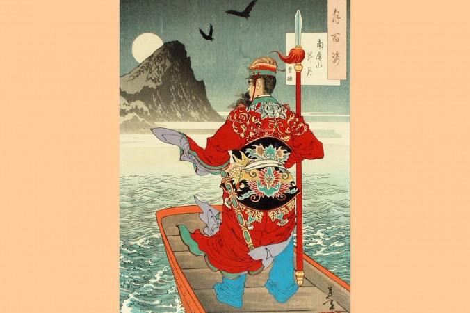 Cao Cao tittar på berget Nanping vid fullmåne innan slaget vid Röda klipporna. Målningen är utförd av den japansje konstnären Yoshitoshi.
