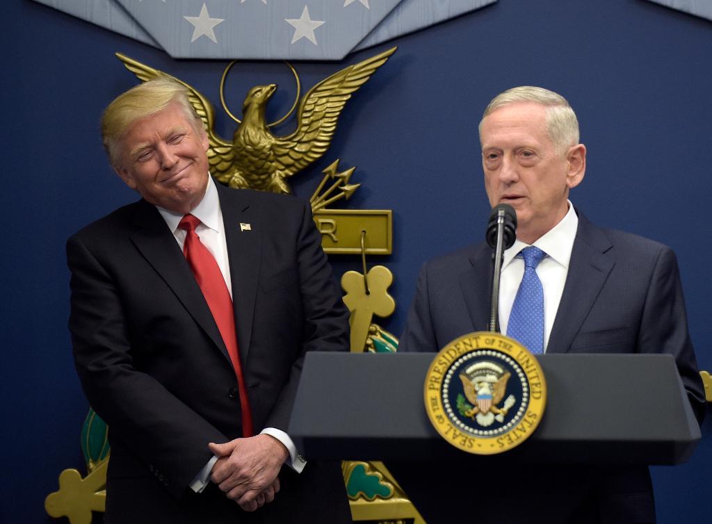 President Donald Trump tillsammans med försvarsminister James Mattis under ett besök i Pentagon i Washington i fredags. (Foto: Susan Walsh/AP/TT-arkivbild)