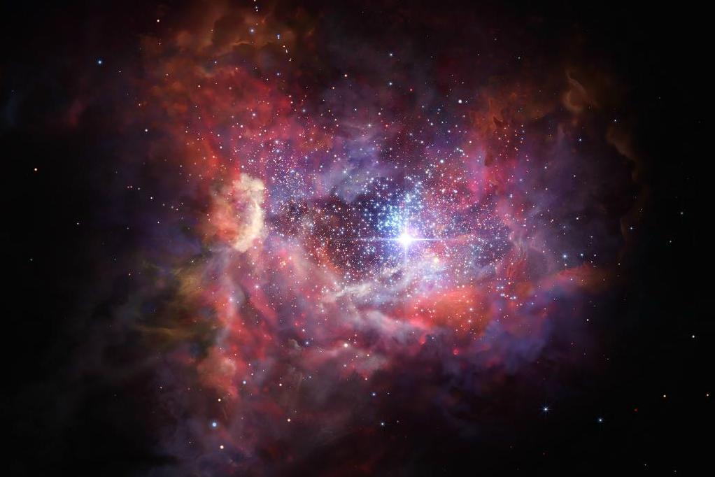 Konstnärlig rekonstruktion av den avlägsna galaxen A2744-YD4. Den befinner sig på ett avstånd av 13,2 miljarder ljusår och är fylld med stoft som producerats av universums första stjärnor. Foto: Martin Kornmesser/ESO
