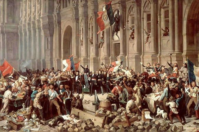 



Denna målning av Henri Felix Emmanuel Philippoteaux (1815-1884) föreställer Lamartine, en reformist, framför Hôtel de Ville i Paris, förkasta den röda fanan den 25 februari 1848.                                                                                                                                                                                 