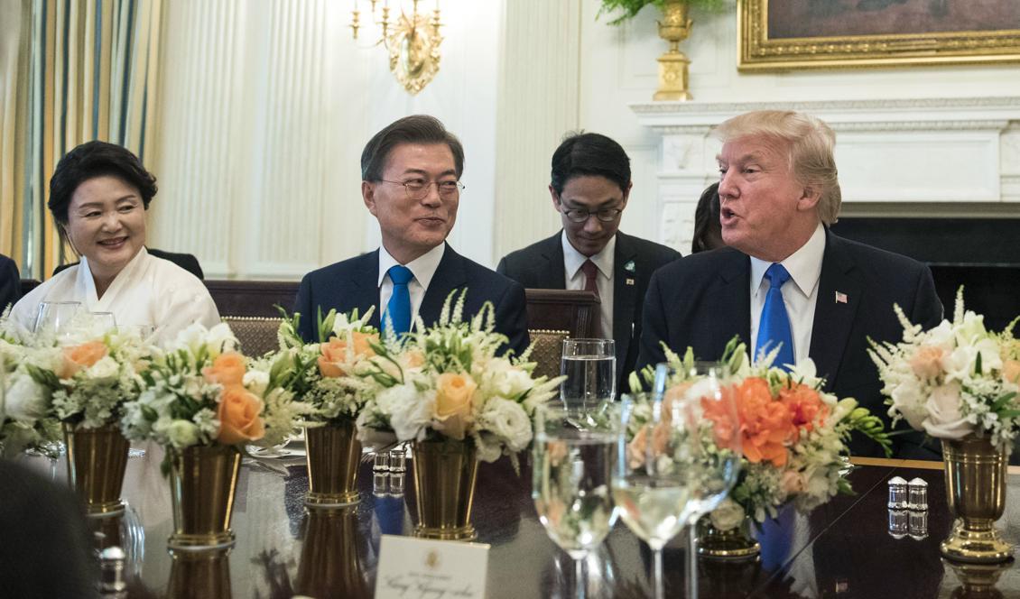 
Donald Trump och Sydkoreas president Moon Jae-in träffas för att diskutera Nordkorea. Foto: Kevin Dietsch-Pool/Getty Images                                            