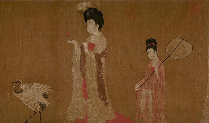 
Detalj ur tavlan "Hovdamer med blommiga huvudbonader" av Zhou Fang.                                             