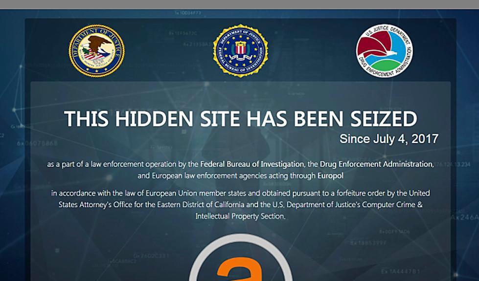 
En skärmdump från amerikanska justitiedepartementet som visar hur den illegala marknadsplatsen Alphabay släckts av myndigheter. Foto: AP/TT-arkivbild                                            