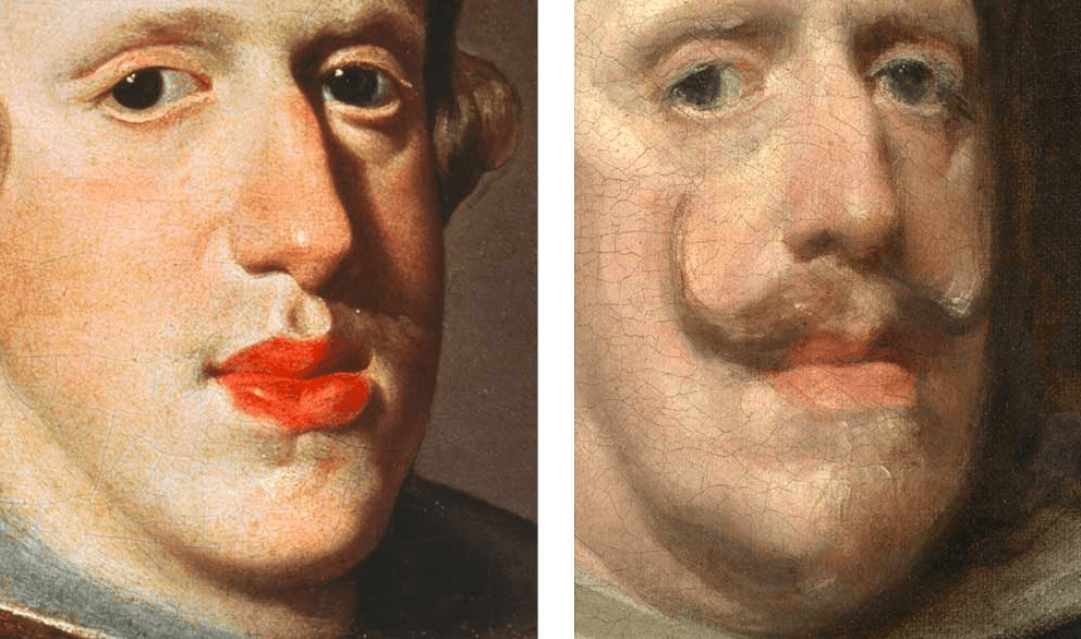 






Detaljer av två av Velazquezs porträtt av kung Filip IV av Spanien. Det till vänster är från 1627 och det till höger är från 1656.                                                                                                                                                                                                                                                                                                                     