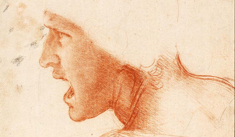 Leonardo da Vinci, studie av en krigares huvud inför kriget i Anghiari, detalj. Röd krita på blekrosa papper, 22.6×18.6 cm. Museum of Fine Arts, Budapest