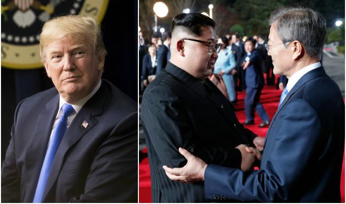 
USA:s president Donald Trump och Nordkoreas diktator Kim Jong Un med Sydkoreas president Moon Jae-in. Foto: Samira Bouaou/Epoch Times och Korea Summit Press Pool/AFP/Getty Images.                                            