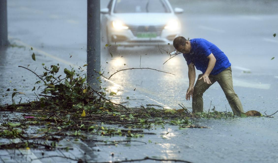 En man försöker forsla bort grenar som täpper till en brunn i staden Shenzhen i provinsen Guangdong i Kina. Foto: Mao Siqian/Nya Kina via AP/TT