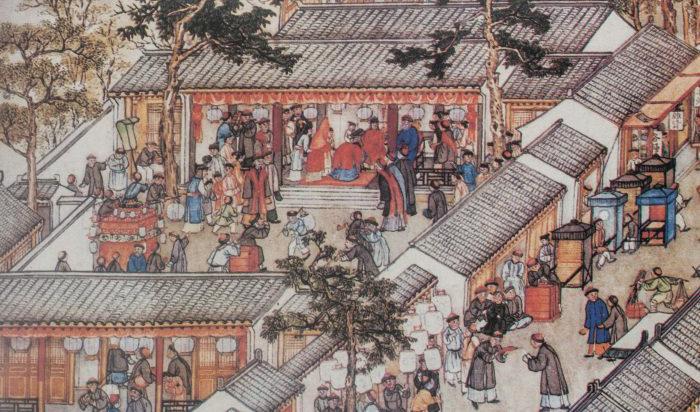 


Traditionell kinesisk bröllopsceremoni detaljerat återgiven från “Prosperous Suzhou” av Xu Yang, 1759. (Public Domain)                                                                                                                                                