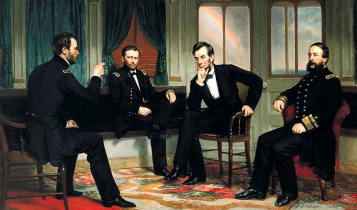 


“The Peacemakers” av George Peter Alexander Healy (1868), föreställande fr v William Sherman, Ulysses Grant, President Abraham Lincoln och David Porter.                                                                                                                                                