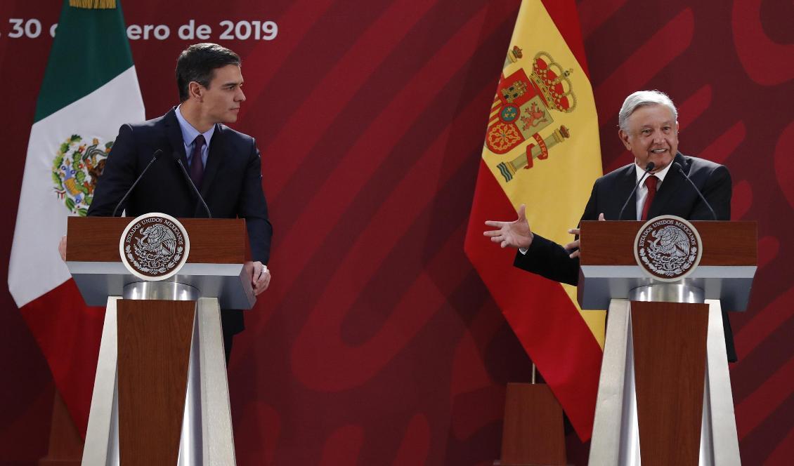 Pedro Sánchez och Andrés Manuel López Obrador på en gemensam presskonferens. Foto: Marco Ugarte/AP/TT