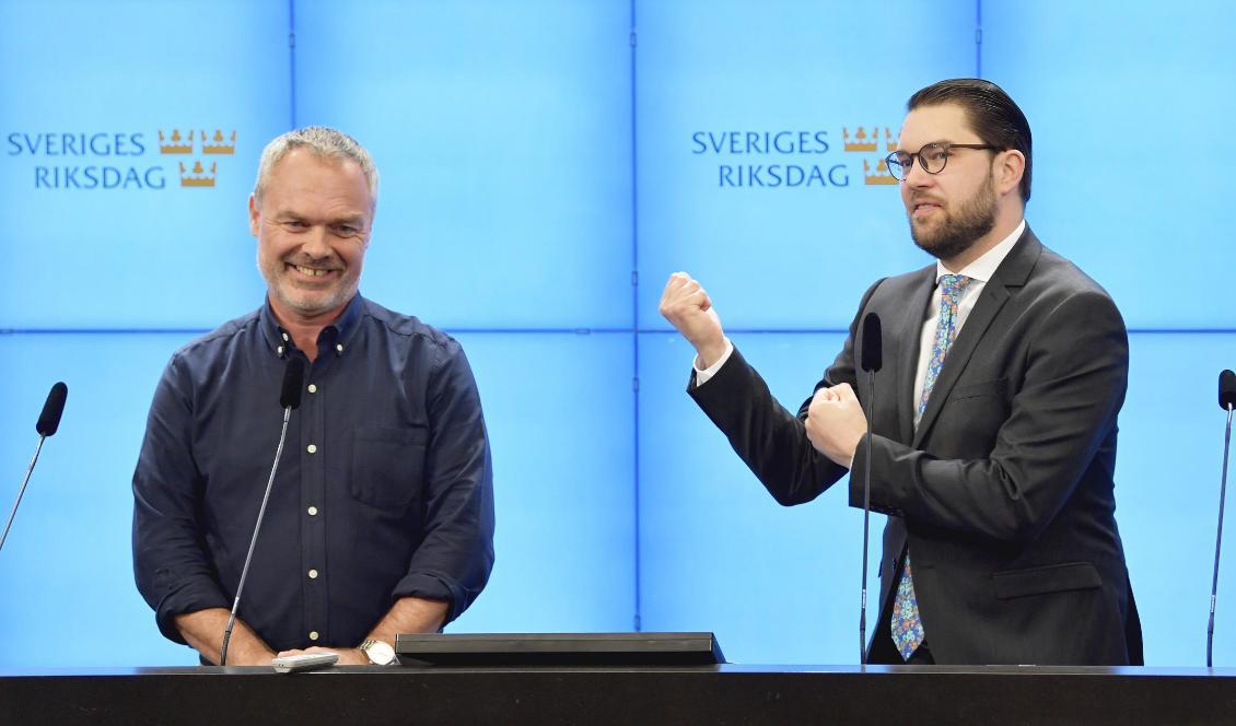 Liberalernas partiledare Jan Björklund och Sverigedemokraternas partiledare Jimmie Åkesson håller en gemensam pressträff i riksdagens presscenter. Foto: Anders Wiklund/TT