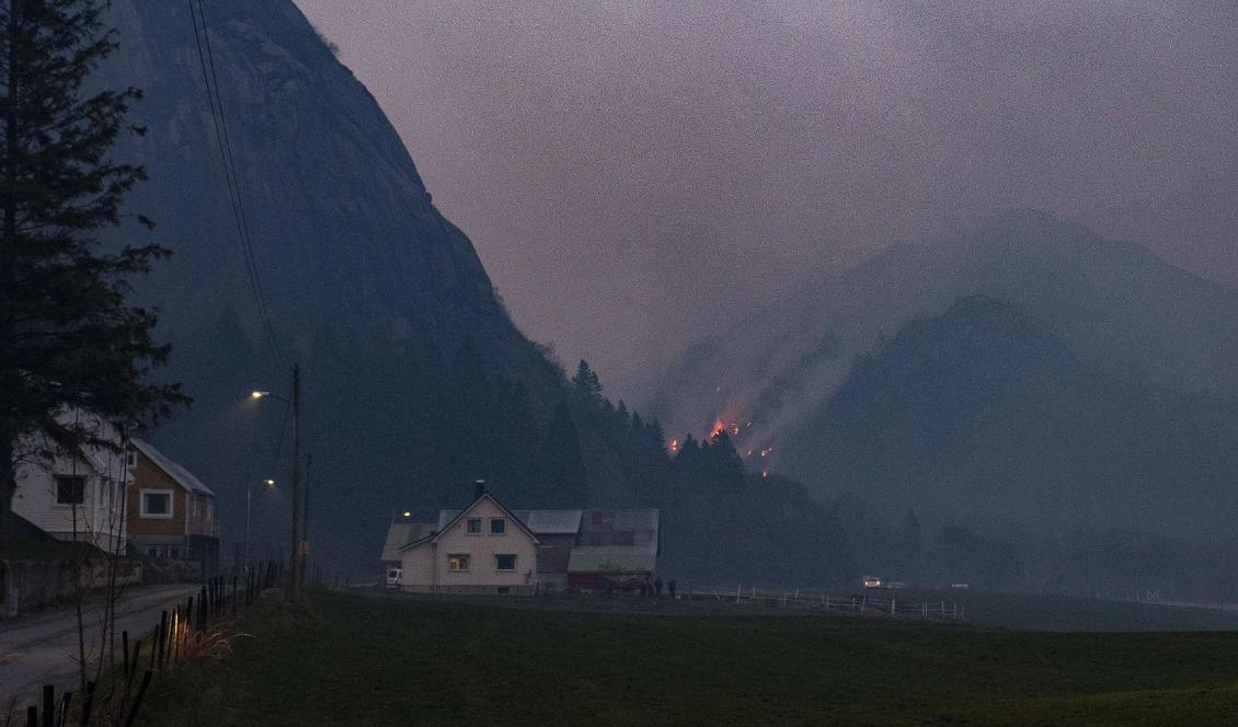 Branden i Sokndal i Norge uppges nu börja bli under kontroll, men faran är inte över. Foto: Tor Erik Schrøder/NTB Scanpix/TT