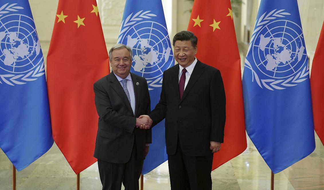 FN-chefen António Guterres (till vänster) tog upp uigurernas situation i sina samtal med Kinas president Xi Jinping i Peking. Foto: Andrea Verdelli/AP/TT