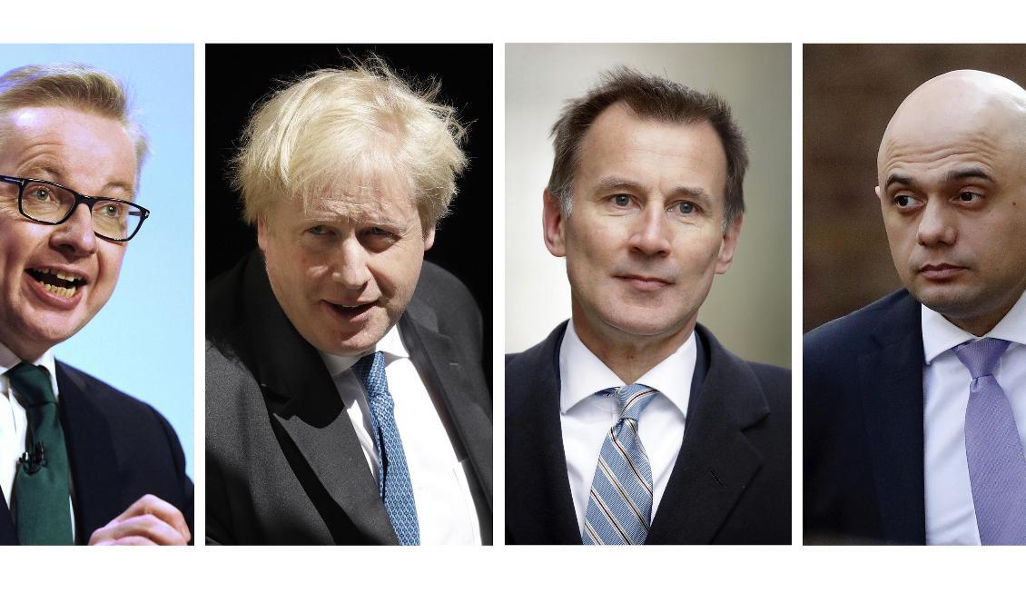 Följande kandidater, med början från vänster, återstår: Michael Gove, Boris Johnson, Jeremy Hunt samt Sajid Javid. Foto: AP/TT