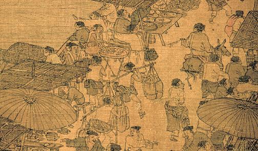 

En sektion av rullen ”Längs floden under Qingming-festivalen” tecknad i bläck på silke av Zhang Zeduan (1085–1145) som visar en detaljerad bild av folklivet med försäljare och fotgängare. National Palace Museum, Peking.                                                                                                