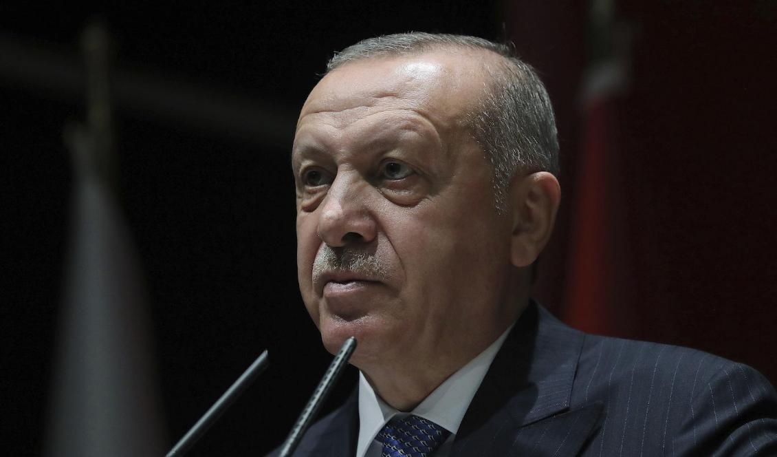 Turkiets president Recep Tayyip Erdogan i ett tal i förra veckan då han svor att förstöra det han kallar en "terrorkorridor" i norra Syrien. Foto: AP/TT