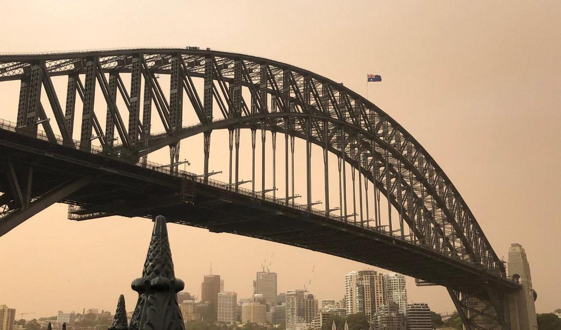 Harbour Bridge i Sydney under tisdagen. Den farliga brandröken har sedan dess lättat från staden. Foto: Emma Gyllestad/TT
