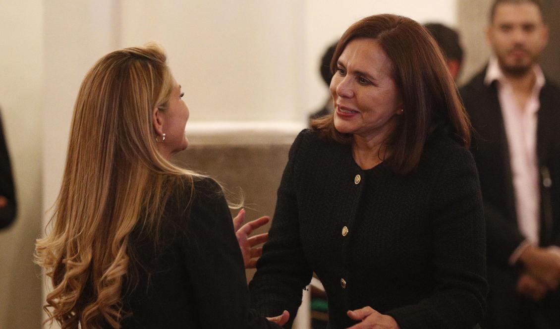 Interimspresidenten Jeanine Áñez gratulerar interimsutrikesministern Karen Longaric till utnämningen i onsdags. Foto: Juan Karita/AP/TT