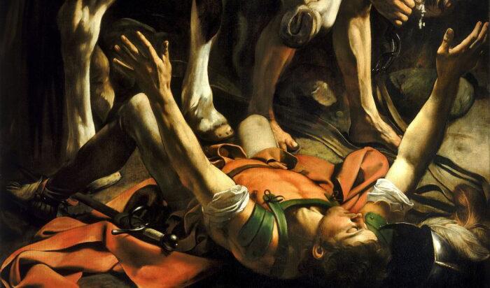 Detalj av Caravaggios "Omvändelsen på väg till Damaskus" från 1601,. Olja på duk. Saint Mary of the People, Rome.