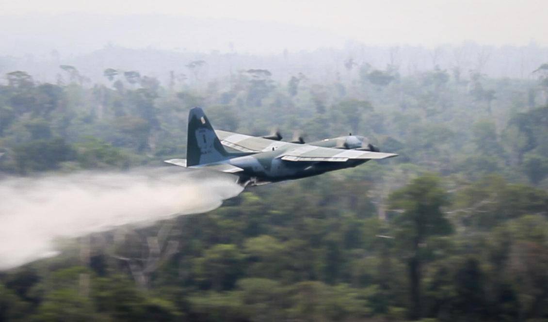 Ett vattenbombande flygplan av Herculestyp har störtat i Australien. På bilden ett brasilianskt Herculesplan. Foto: Brasiliens försvarsdepartement/AP/TT-arkivbild