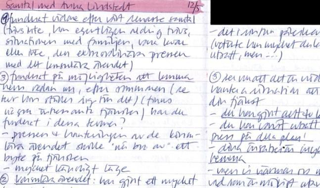 






Personalchef Lena Nordströms anteckningar som de ser ut i SÄPO:s förundersökning. Delar av anteckningarna är maskerade i förundersökningen.                                                                                                                                                                                                                                                                                                                                            