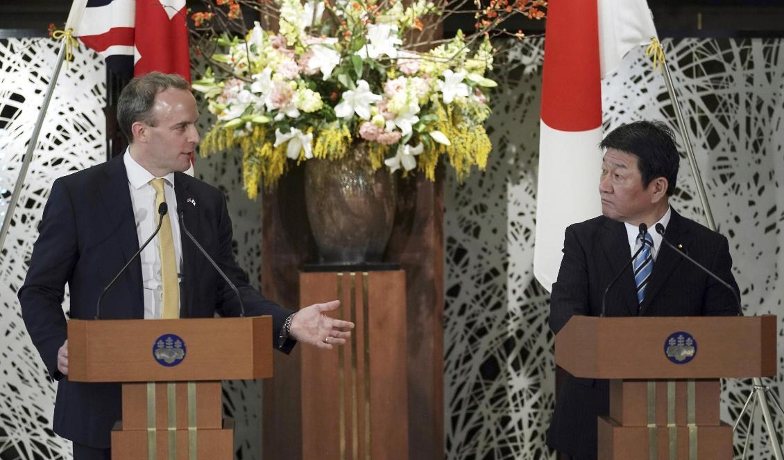 Storbritanniens utrikesminister Dominic Raab med sin japanske kollega Toshimitsu Motegi. Foto: Eugene Hoshiko/AP/TT