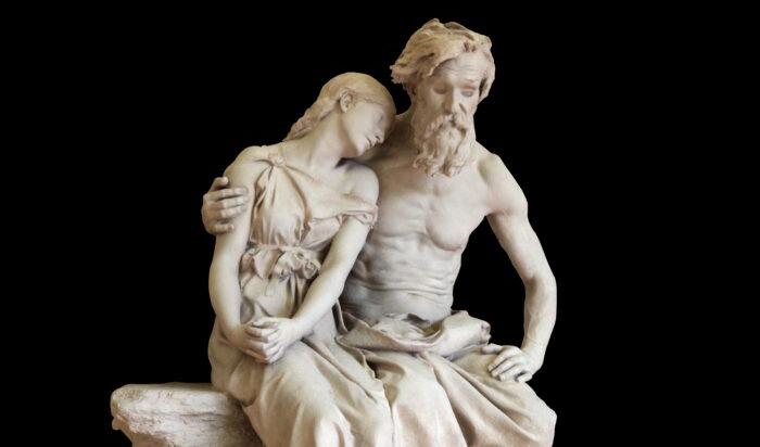 Kung Oidipus uthärdade ett fruktansvärt öde med stoiskt lugn; landsförvisad och blind vandrade han omkring med sina döttrar – här bara Antigone – som enda tröst. ”Oidipus i Kolonos”, 1882 av Jean-Baptiste Hugues.