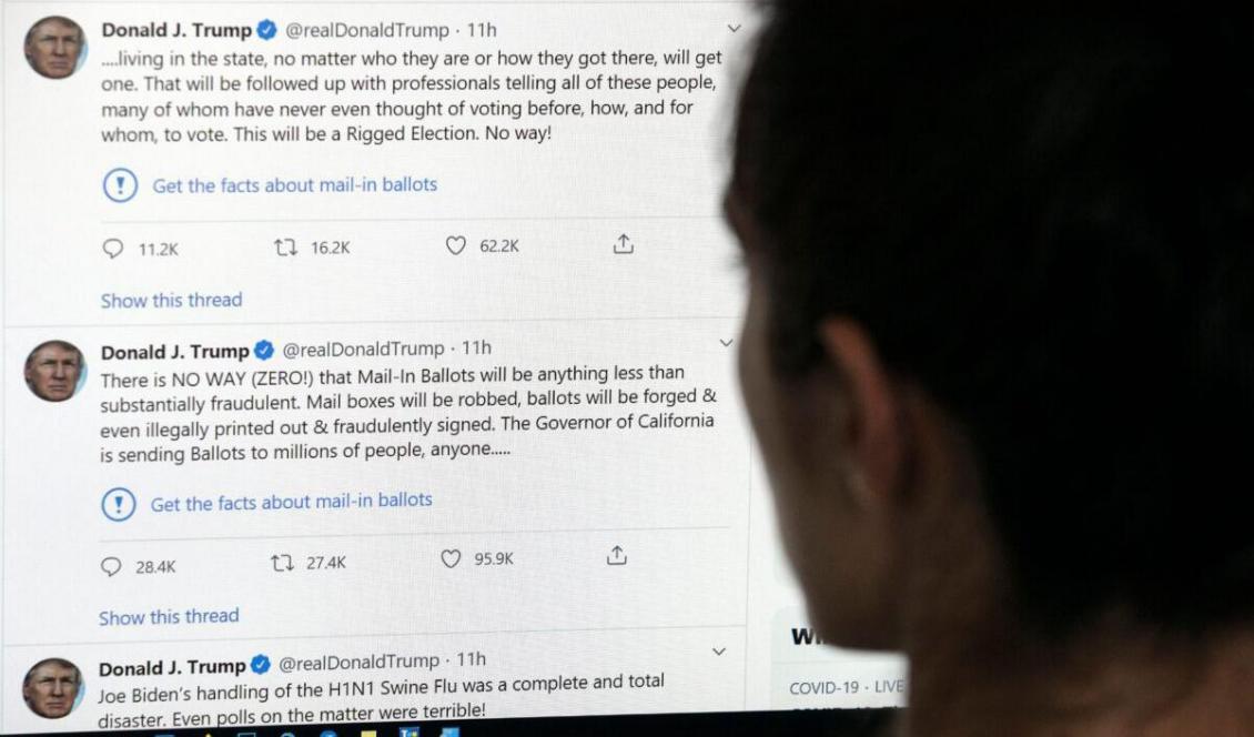 









En redaktör i Los Angeles tittar på president Donald Trumps officiella Twitterkonto, den 26 maj 2020. Foto: AFP via Getty Images                                                                                                                                                                                                                                                                                                                                                                                                                                                        