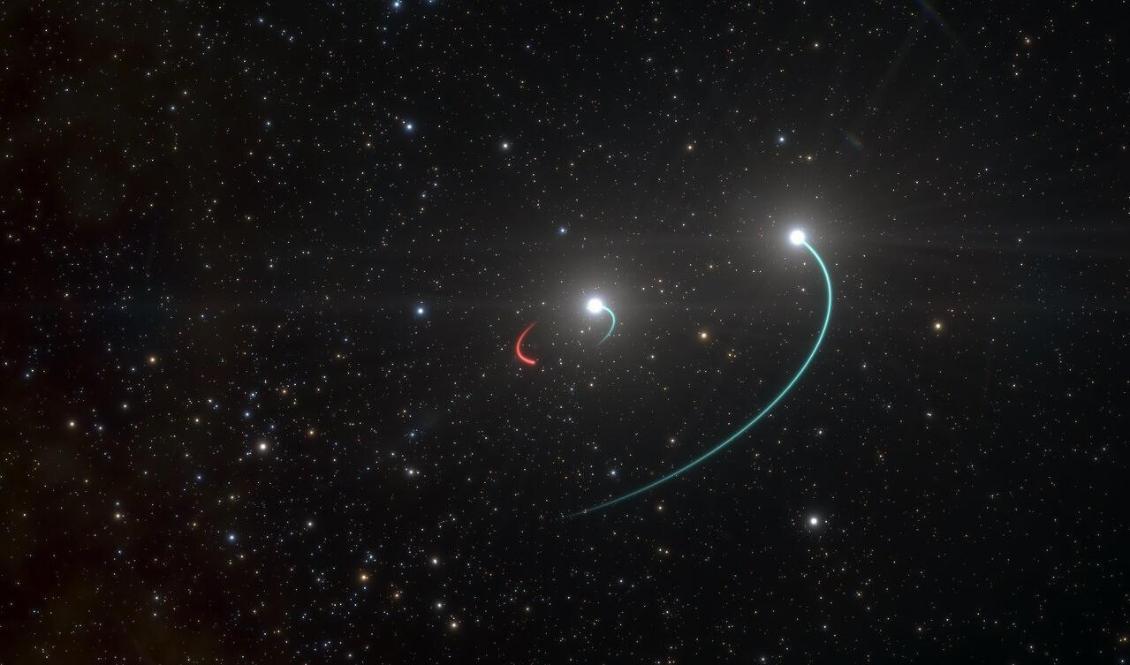 Illustration av stjärnsystemet HR 6819. Forskarna trodde först att det bara bestod av två stjärnor, men har nu räknat ut att den inre stjärnan kretsar kring ett svart hål (röd bana). Foto: ESO/L. Calçada/TT