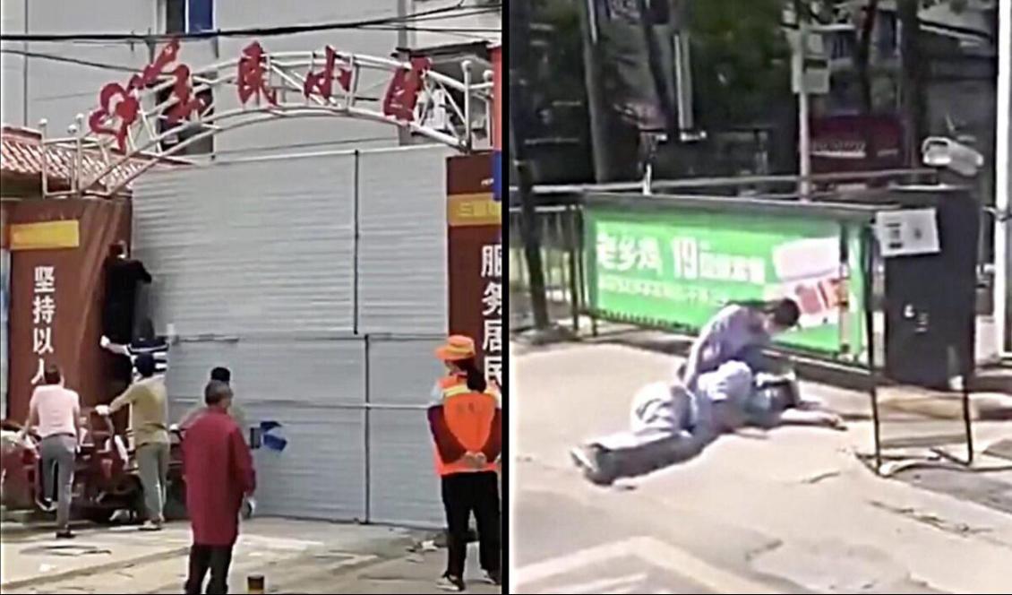 

Arbetar (vä) stänger entrén till boendekomplexet Sanmin i Wuhan. En person (hö) har plötsligt fallit till marken i Wuhan, den 14 maj 2020. Foto: Skärmavbild                                                                                                