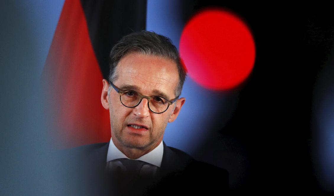 Heiko Maas på tisdagens presskonferens. Foto: Fabrizio Bensch/AP/TT