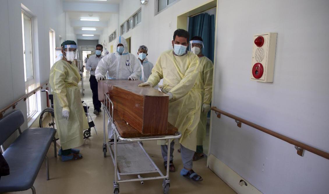 Afghanska vårdarbetare för en man som avlidit i covid-19 längs en sjukhuskorridor i Kabul. Foto: Rahmat Gul/AP/TT-arkivbild