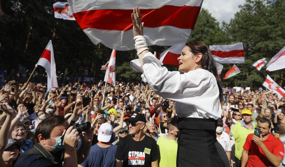 Oppositionspolitikern Svetlana Tichanovskaja under ett valmöte i början av augusti. Foto: Sergei Grits/AP/TT-arkivbild