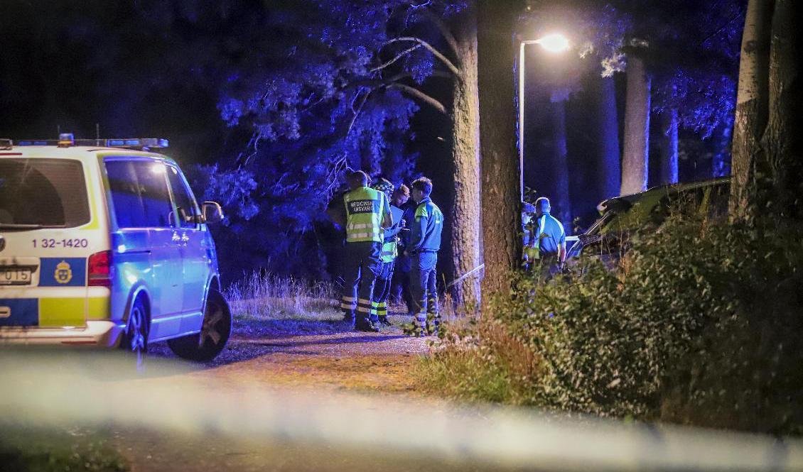 Polisen larmades om skottlossningen i Skogås i Huddinge, söder om Stockholm, strax före 22.30 på måndagskvällen. Foto: Pontus Altin/TT