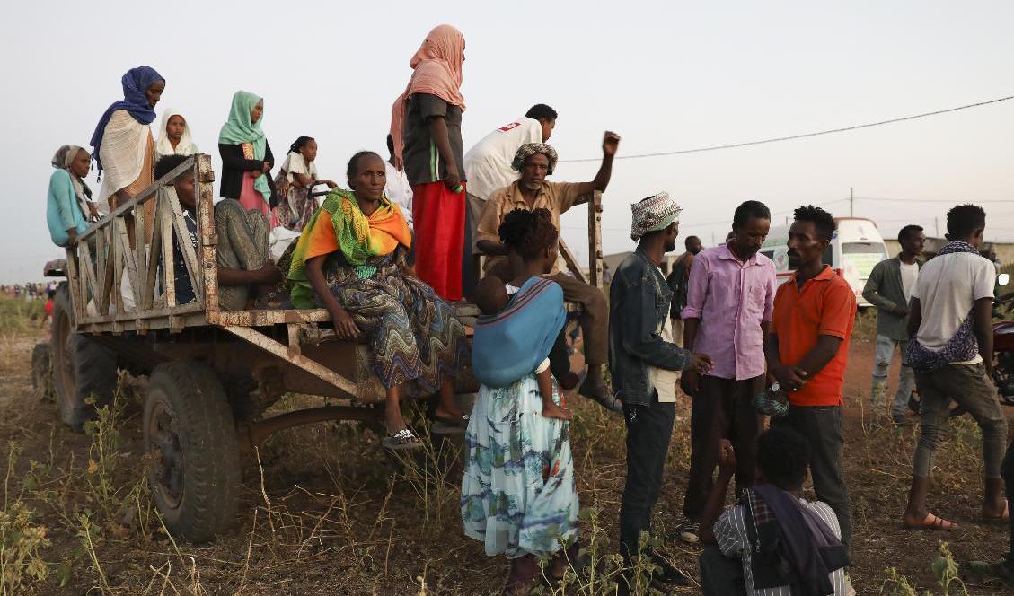 Etiopier som flytt till östra Sudan för att undkomma oroligheterna i den etiopiska delstaten Tigray. Bilden är från i söndags. Foto: Marwan Ali/AP/TT